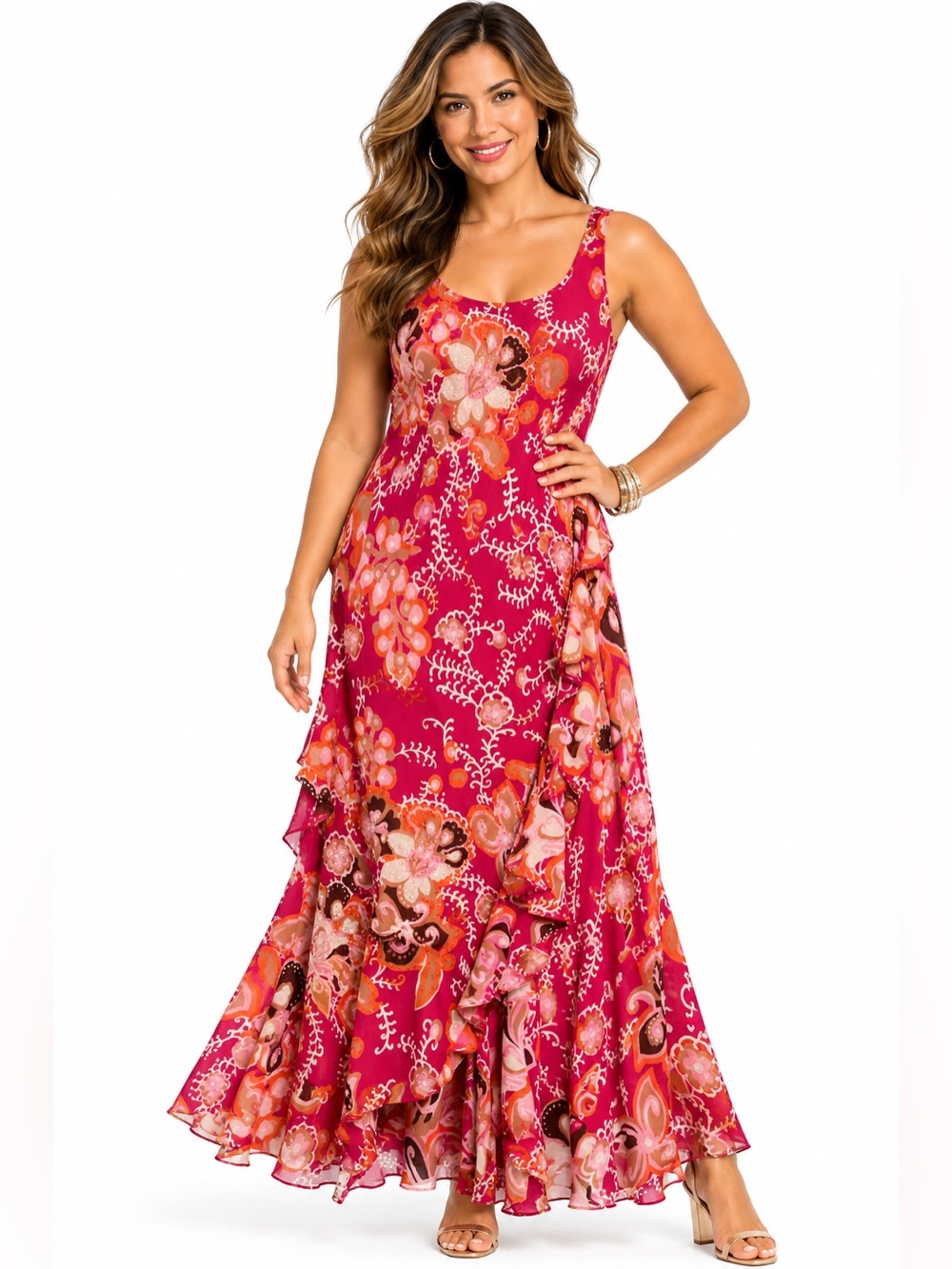 Bella Blue Dress Size 8 Pink Fuchsia Floral Ruffle Beaded Embellishments